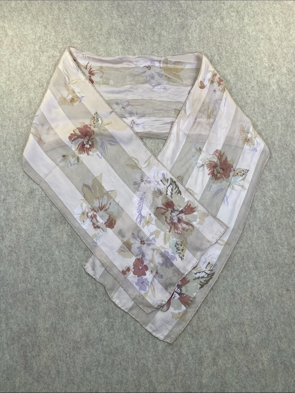 Bill Blass Vintage Silk Floral Striped Scarf Pink Taupe